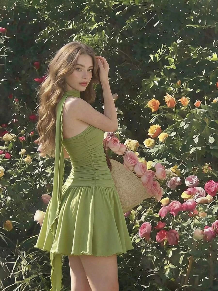 Vintage Chic A-Line Strapless Ruched Green Mini Homecoming Dress With Scarf