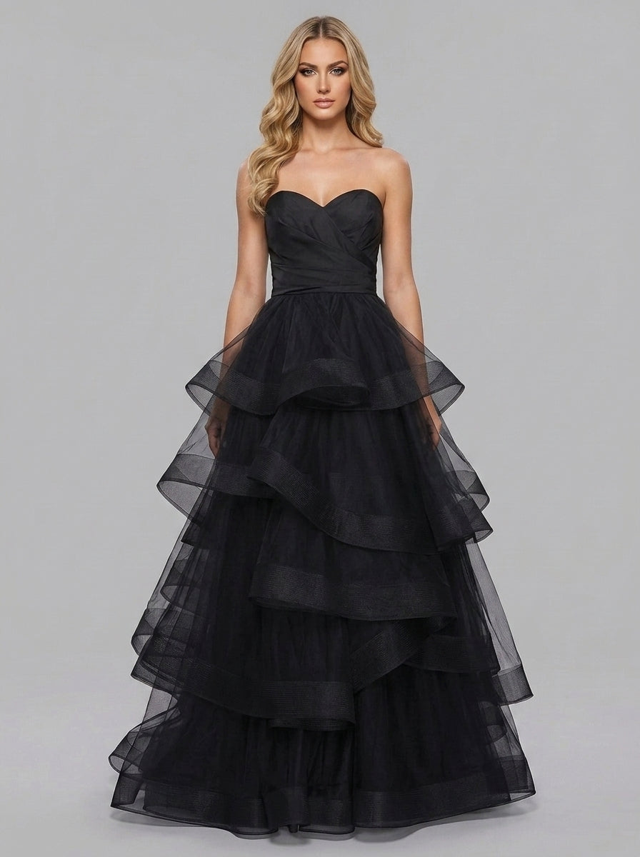 Vintage Elegant A-Line Sweetheart Tiered Ruffled Tulle Black Floor-Length Prom Dress