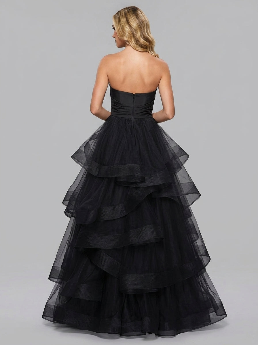 Vintage Elegant A-Line Sweetheart Tiered Ruffled Tulle Black Floor-Length Prom Dress