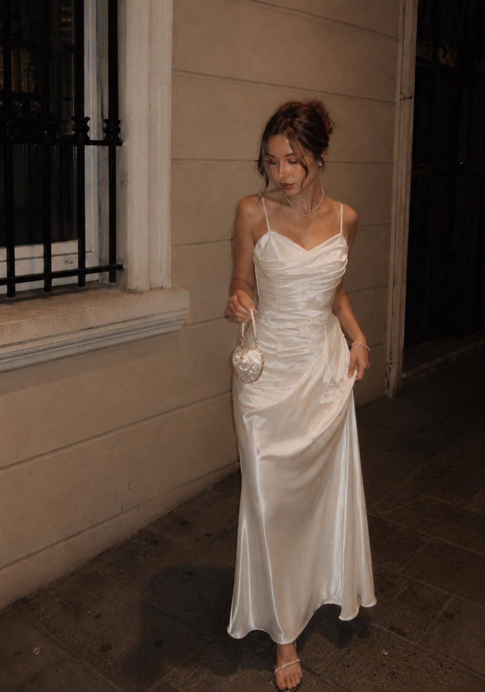 Vintage French Sheath Sweetheart Ruched Satin Cream Floor-Length Prom Dress
