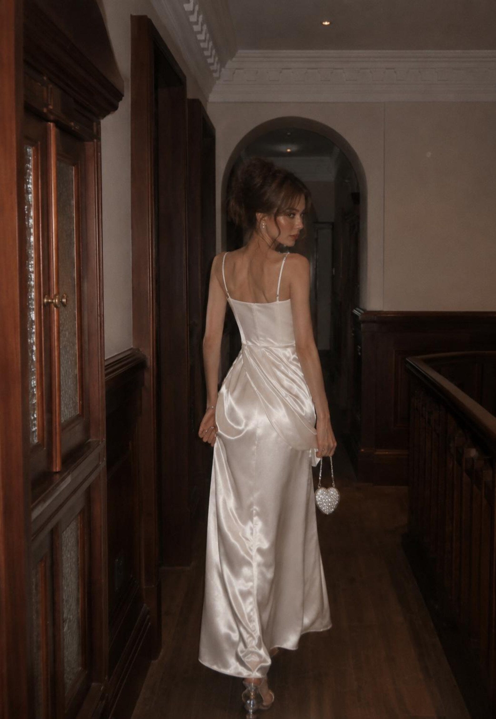 Vintage French Sheath Sweetheart Ruched Satin Cream Floor-Length Prom Dress