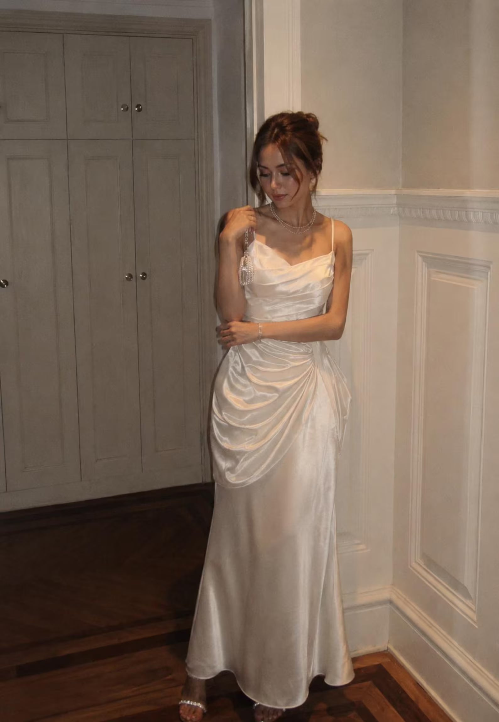 Vintage French Sheath Sweetheart Ruched Satin Cream Floor-Length Prom Dress