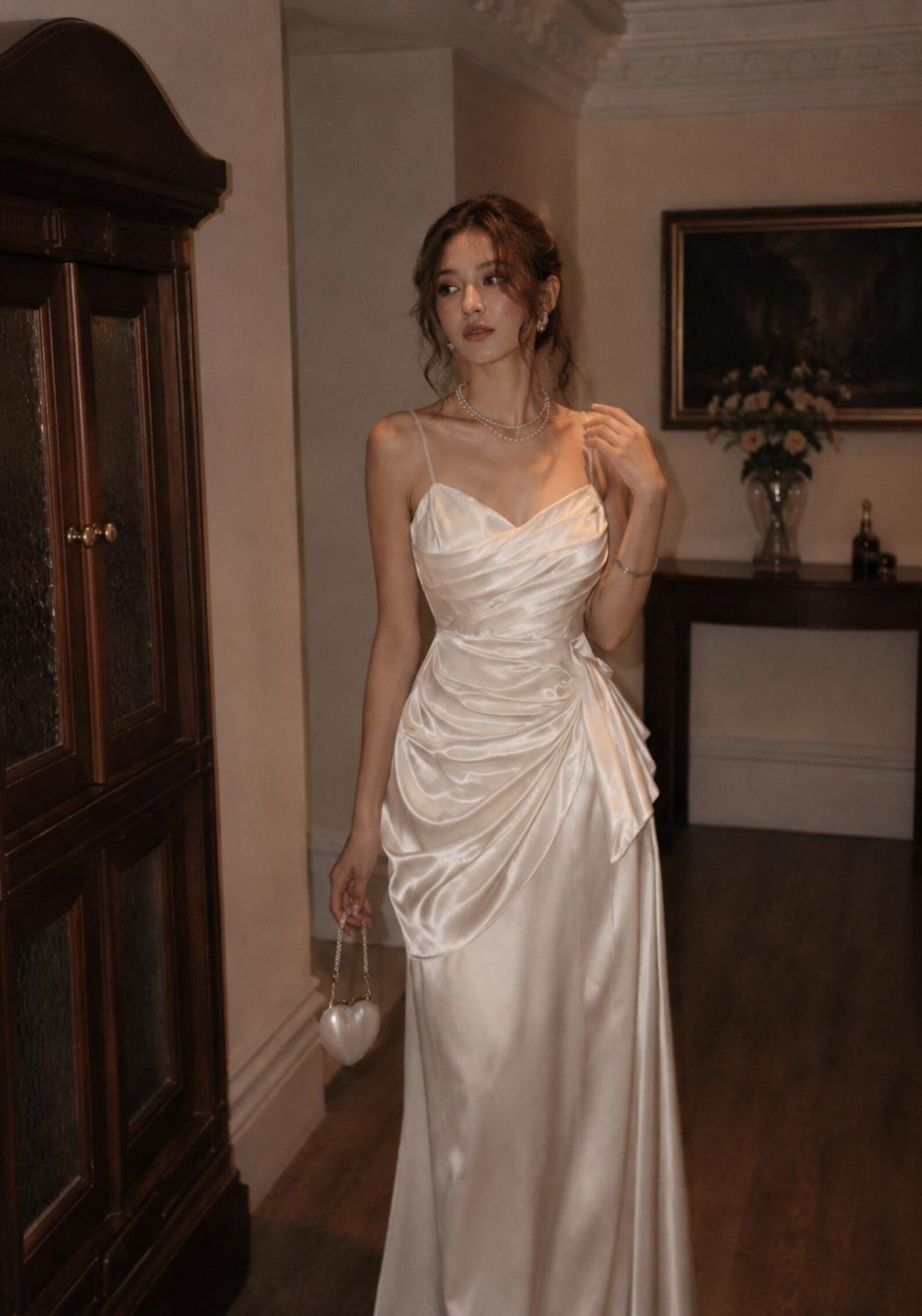 Vintage French Sheath Sweetheart Ruched Satin Cream Floor-Length Prom Dress