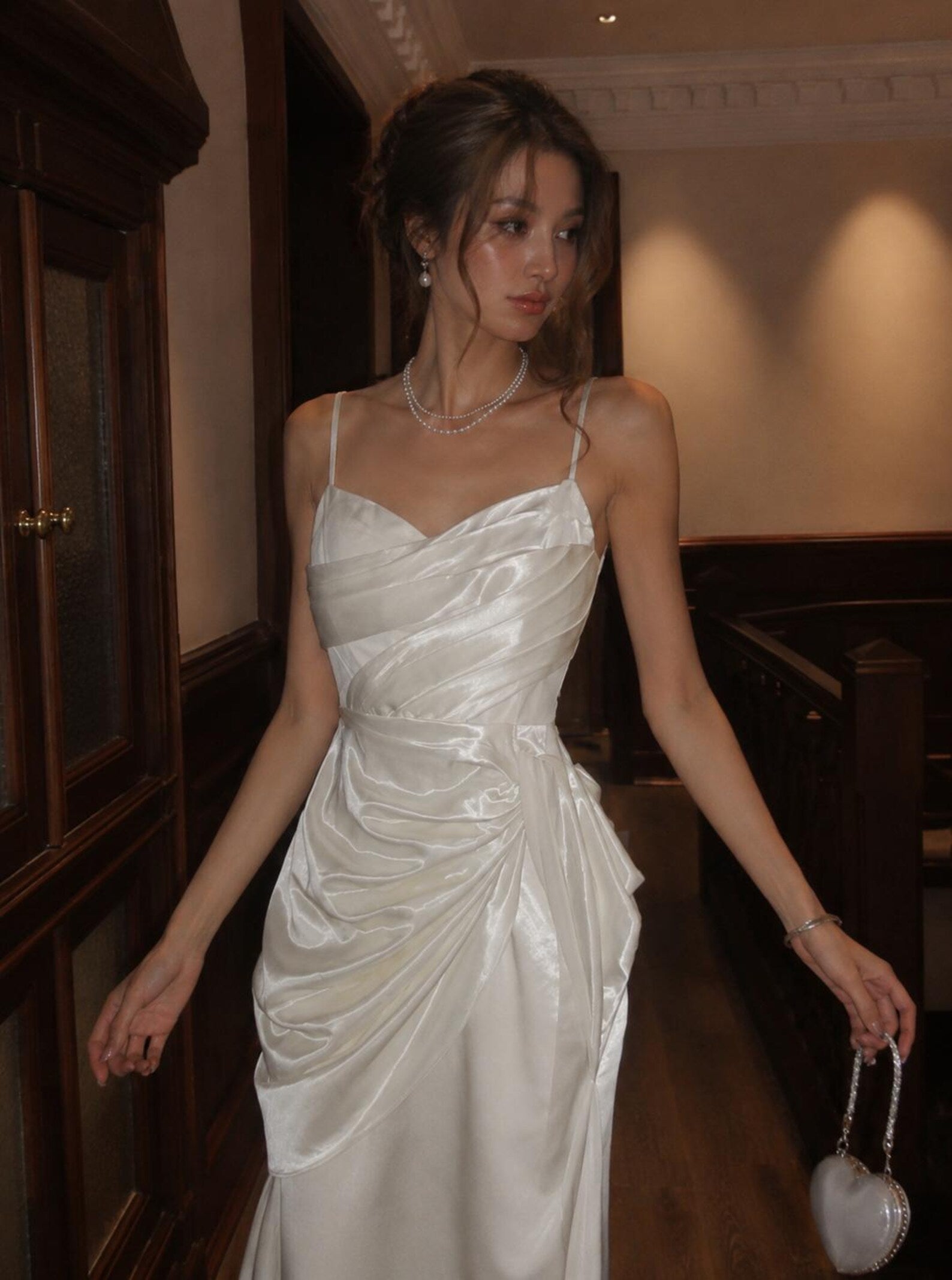 Vintage French Sheath Sweetheart Ruched Satin Cream Floor-Length Prom Dress