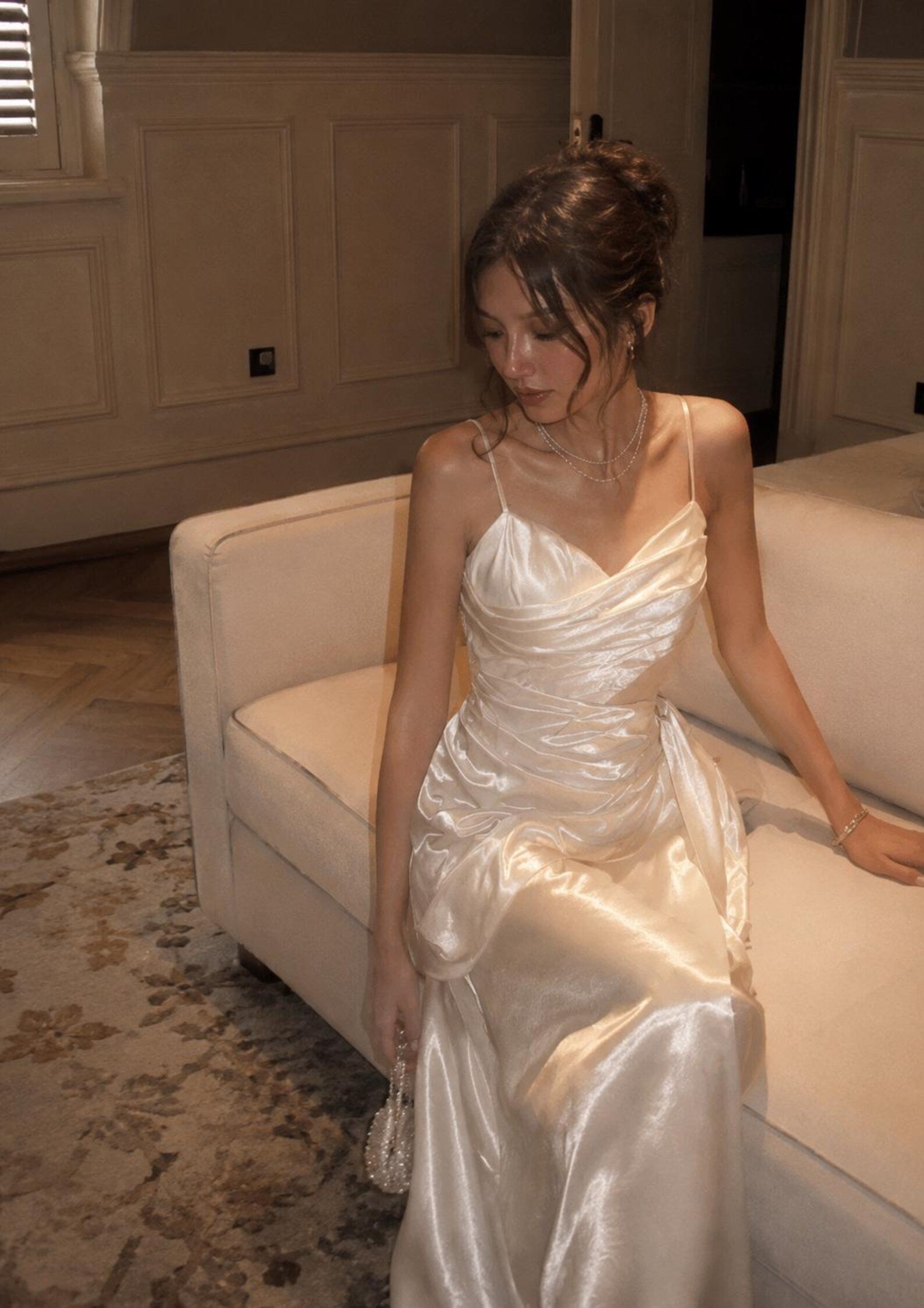 Vintage French Sheath Sweetheart Ruched Satin Cream Floor-Length Prom Dress