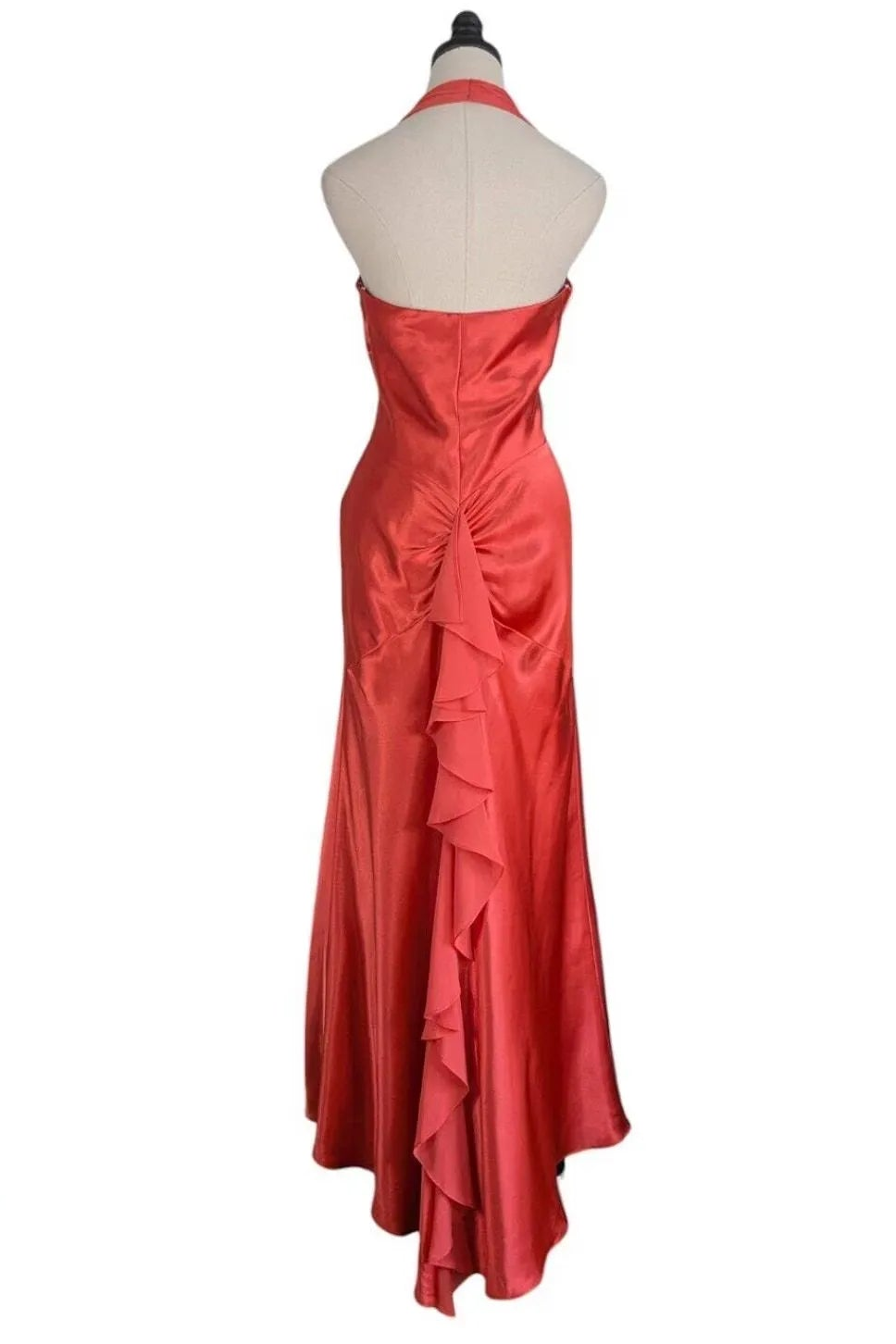 Vintage Sheath Halter V-Neck Ruched Ruffled Satin Coral Floor-Length Prom Dress