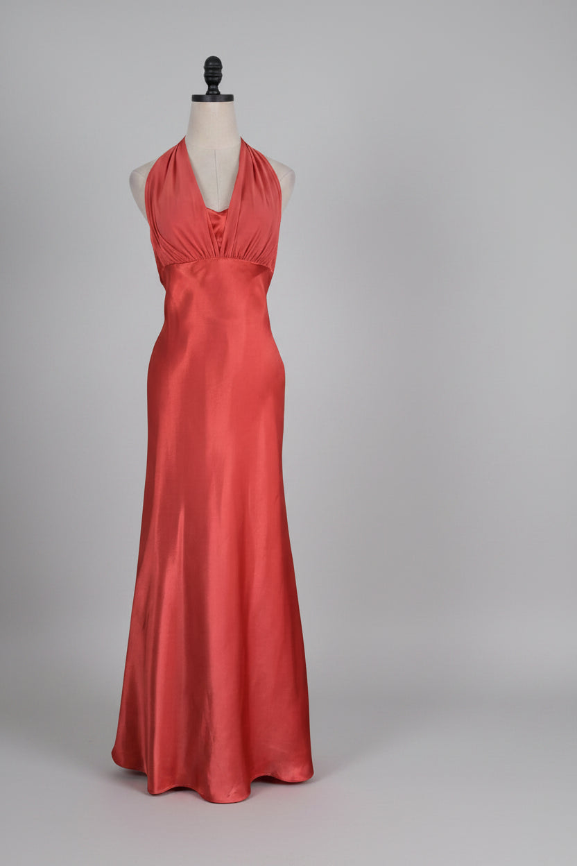 Vintage Sheath Halter V-Neck Ruched Ruffled Satin Coral Floor-Length Prom Dress