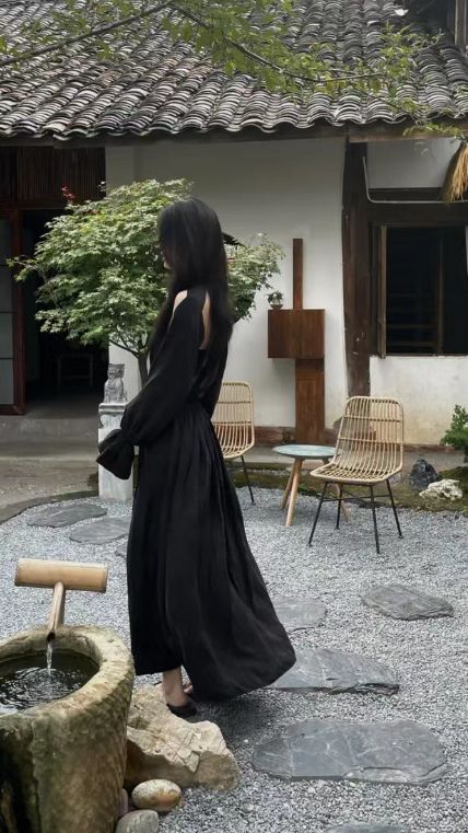 Vestido de fiesta vintage negro sin tirantes, corte A, manga larga, largo hasta los tobillos 