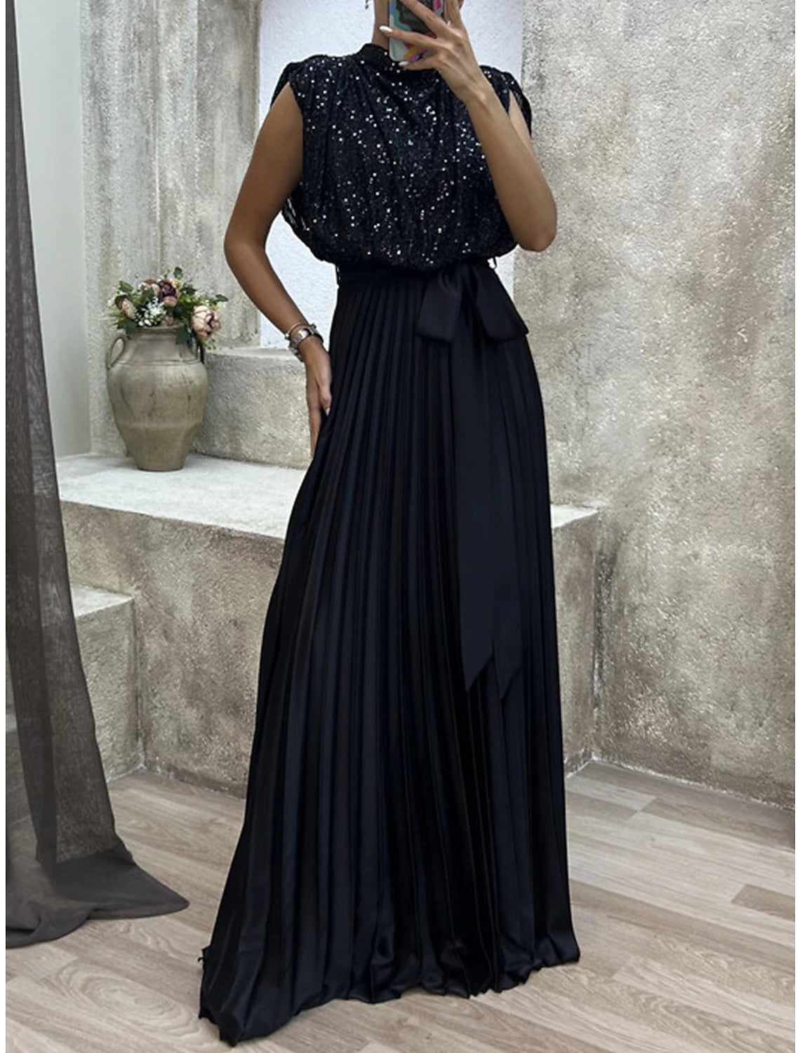 Weitese Women's Black Sequin Dress Little Black Dress Prom Dress Party Dress Sparkly Dress Long Dress Maxi Dress Black Sleeveless Spring Fall Winter Crew Neck Evening