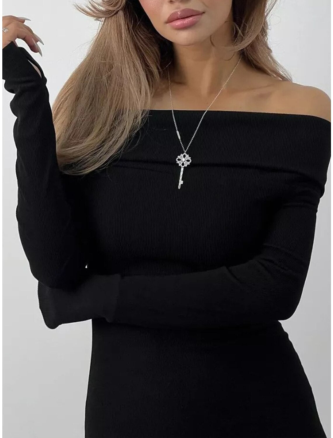 Weitese Women's Party Dress Wedding Guest Dress Sheath Dress Midi Dress Black Blue Brown Long Sleeve Pure Color Split Spring Fall Winter Off Shoulder Fashion Winter Dress Wedding Guest Evening Party