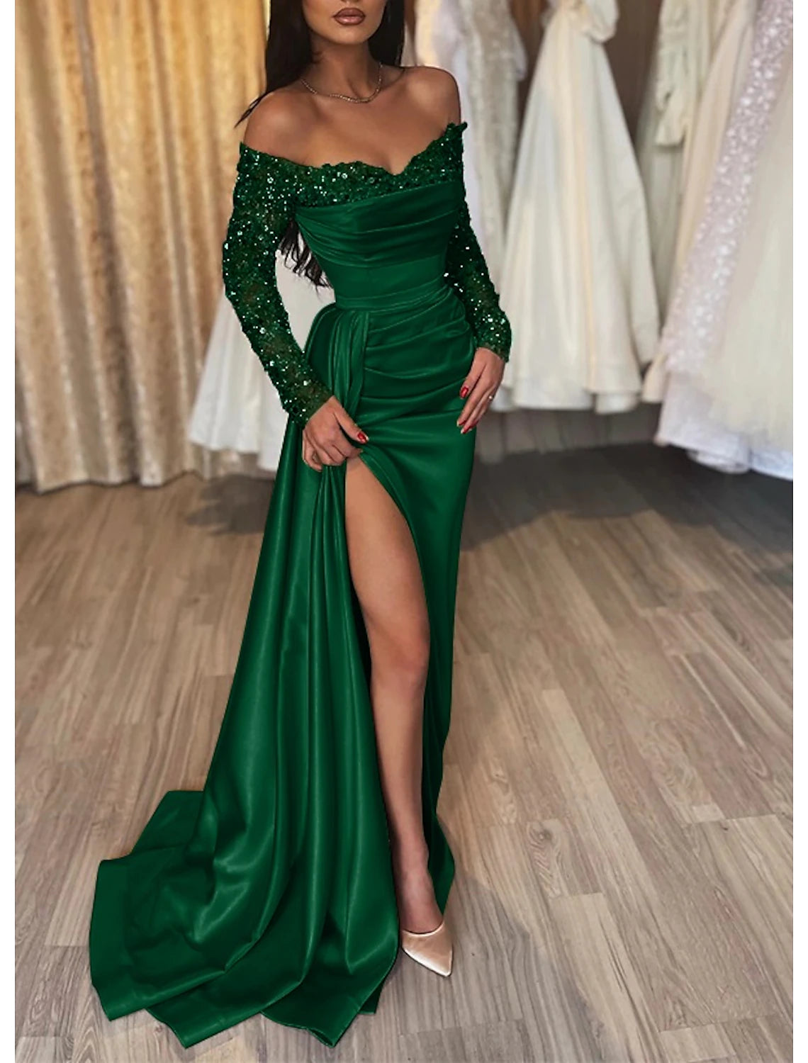 Weitese Mermaid Black Dress Evening Gown Sparkle & Shine Dress Formal Wedding Party Court Train Long Sleeve Off Shoulder Fall Wedding Reception Satin with Ruched Sequin Slit