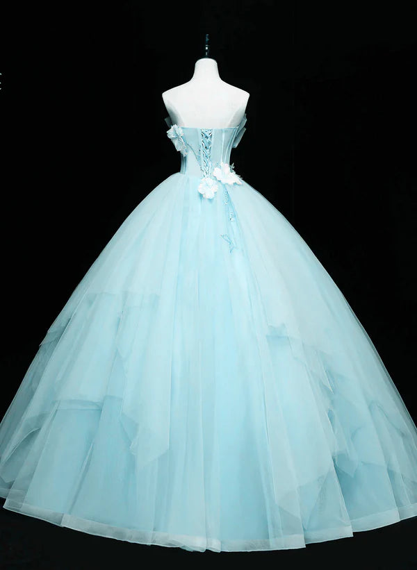 Precioso vestido largo de tul azul para dulces 16