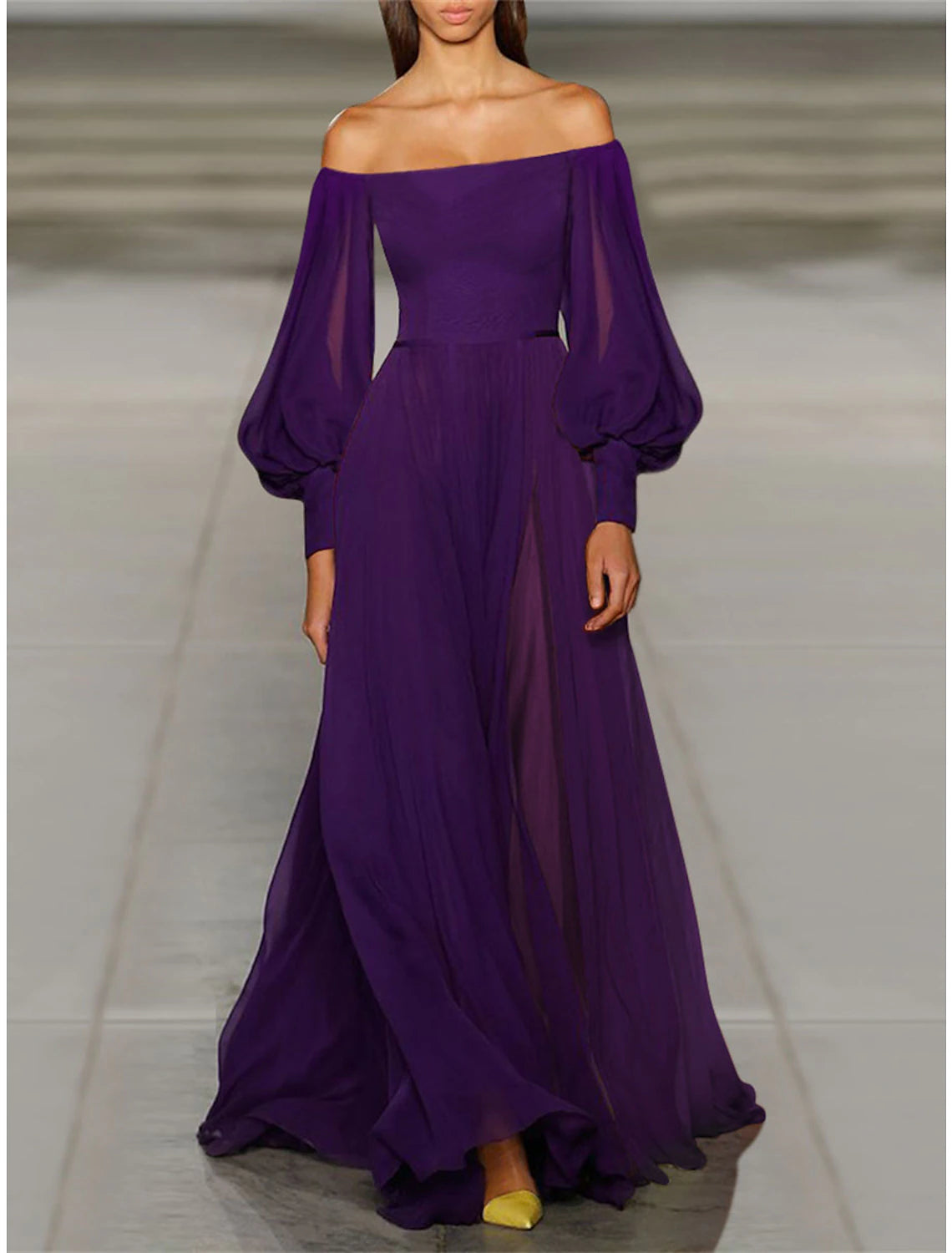 Weitese Women's Prom Dress Party Dress Wedding Guest Dress Long Dress Maxi Dress Black Wine Purple Long Sleeve Plain High Waist Summer Spring Fall Off Shoulder Elegant Wedding Guest Birthday Evening Party