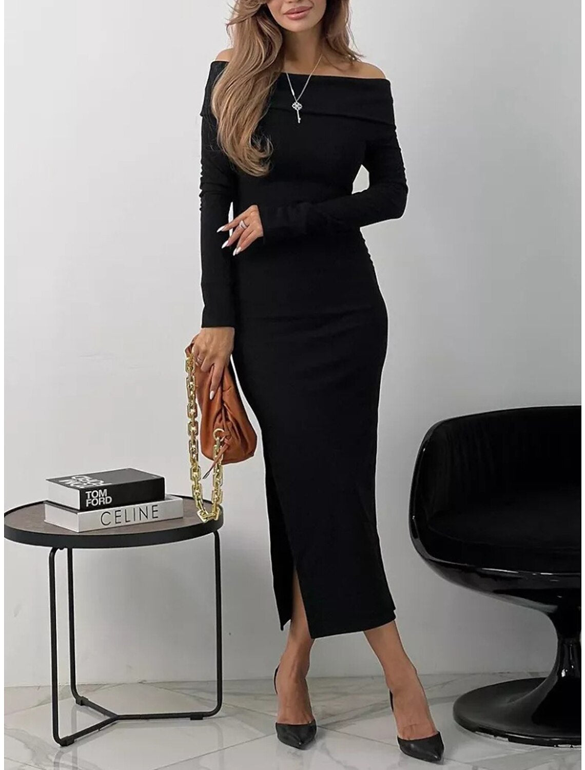 Weitese Women's Party Dress Wedding Guest Dress Sheath Dress Midi Dress Black Blue Brown Long Sleeve Pure Color Split Spring Fall Winter Off Shoulder Fashion Winter Dress Wedding Guest Evening Party