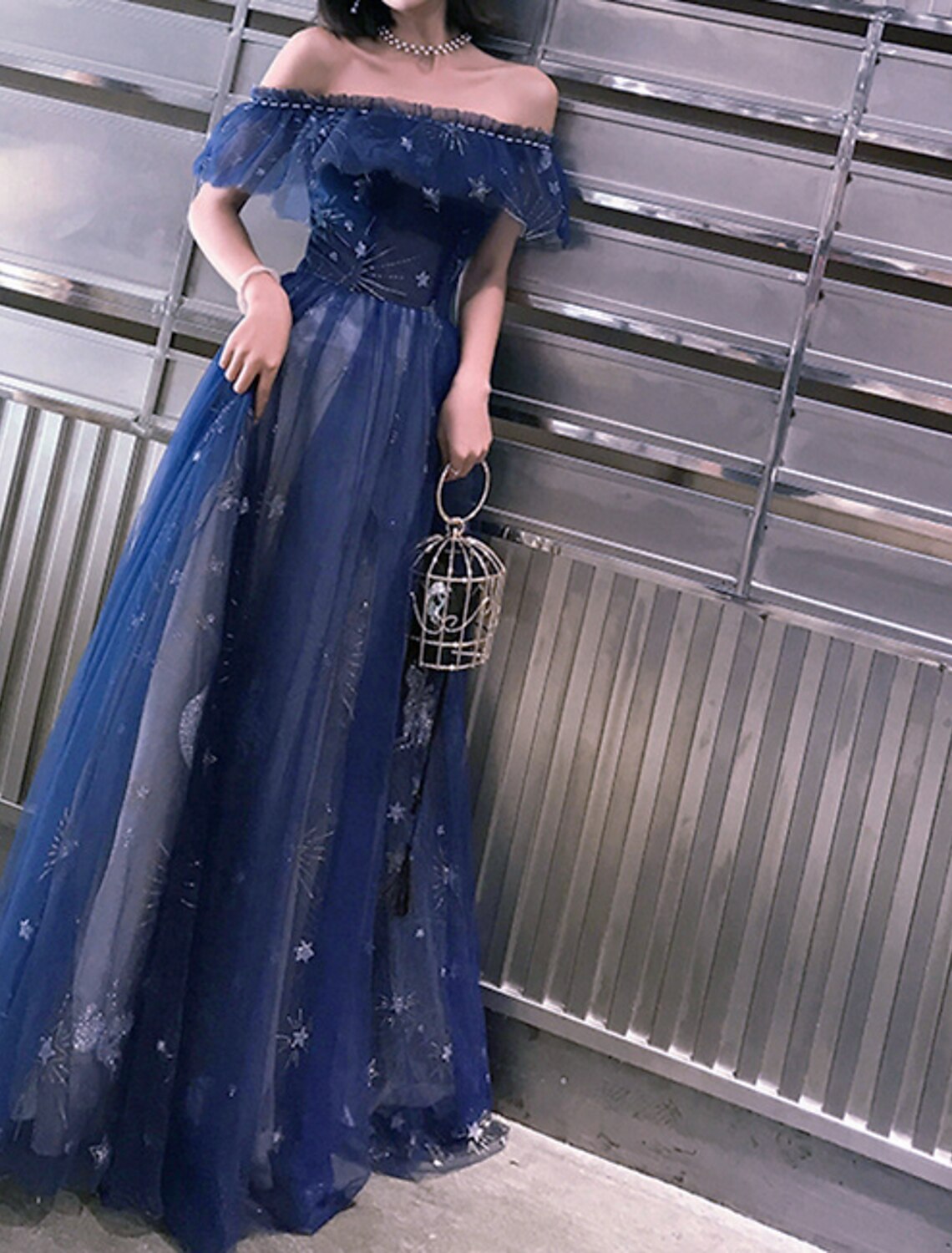A-Line Prom Dresses Elegant Dress Wedding Guest Party Wear Floor Length Short Sleeve Off Shoulder Tulle with Embroidery Tiered