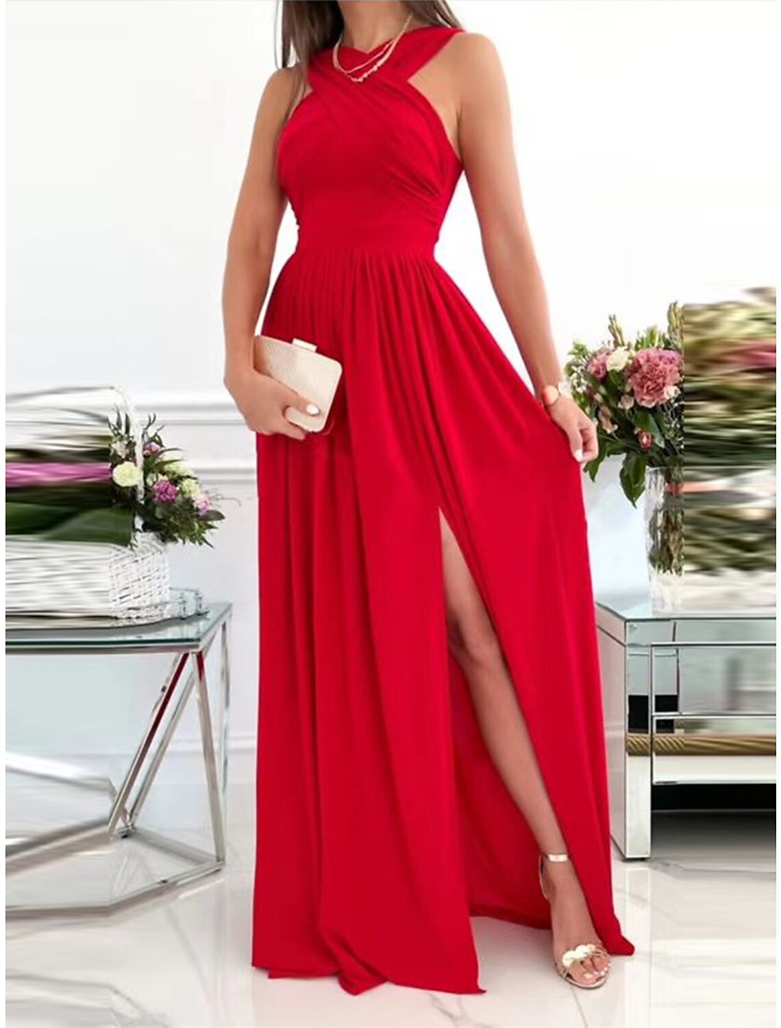 Women's Black Dress Prom Dress Christmas Party Dress Long Dress Maxi Dress Black Wine Red Sleeveless Pure Color Ruched Spring Fall Winter Halter Neck