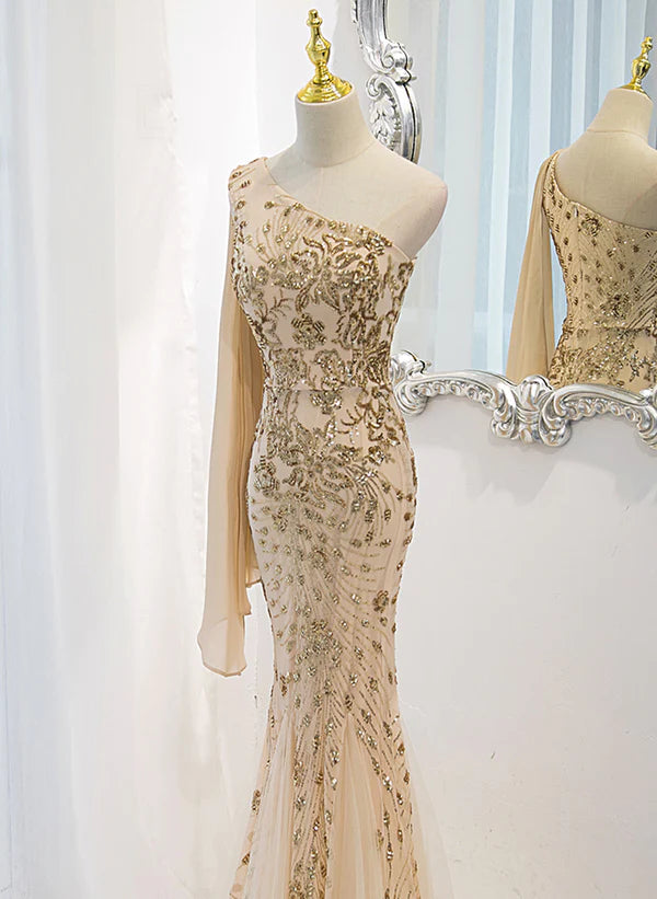Lovely One Shoulder Champagne Sequins Mermaid Prom Dress