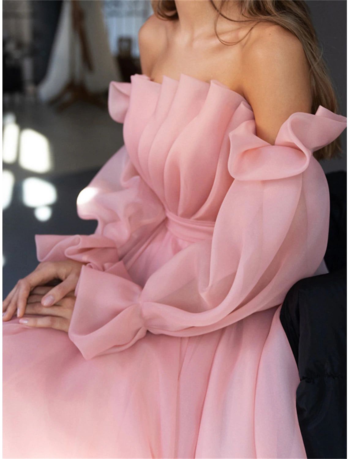 Weitese Women's Prom Dress Party Dress Homecoming Dress Long Dress Maxi Dress Pink Long Sleeve Pure Color Ruched Fall Winter Autumn Strapless Fashion Wedding Guest Birthday Evening Party