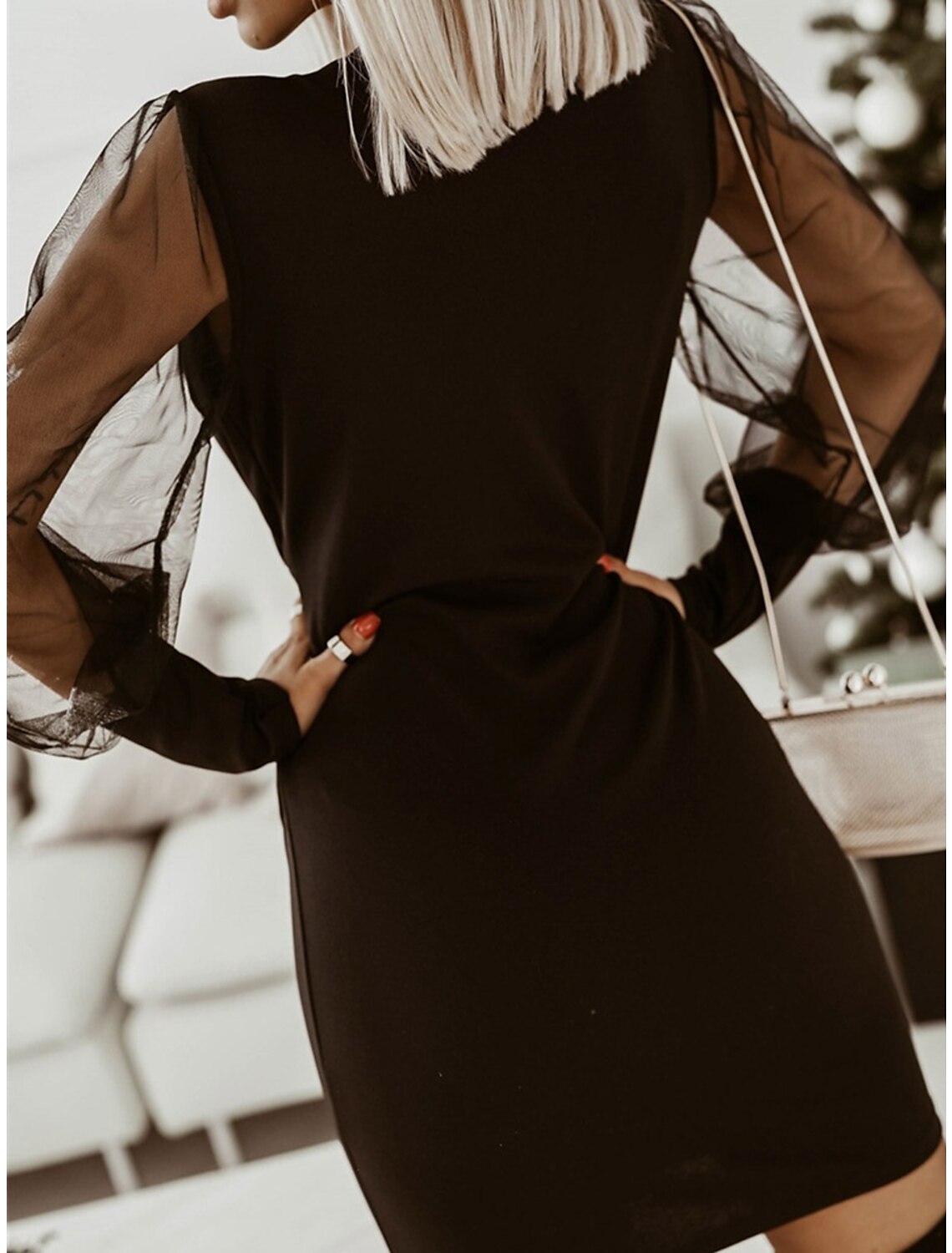 Weitese Women‘s Black Dress Party Dress Cocktail Dress Mini Dress Black Green Long Sleeve Mesh Spring Fall Winter V Neck Fashion Winter Dress Wedding Guest Evening Party Black Cocktail Dress