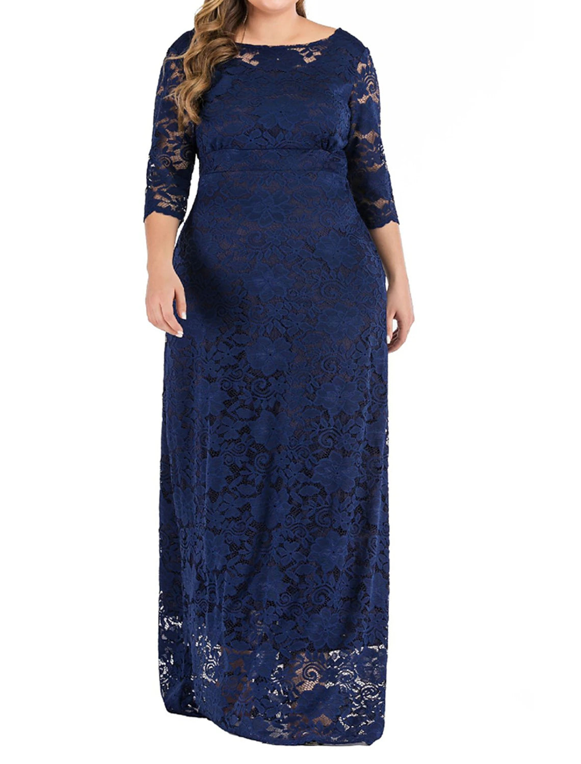 Robe de bal grande taille Weitese pour femme, robe de soirée en dentelle, robe longue, robe longue, noir, rouge, bleu foncé, manches 3/4, dentelle unie, été, printemps, automne, col ras du cou, élégante, pour mariage, anniversaire, soirée