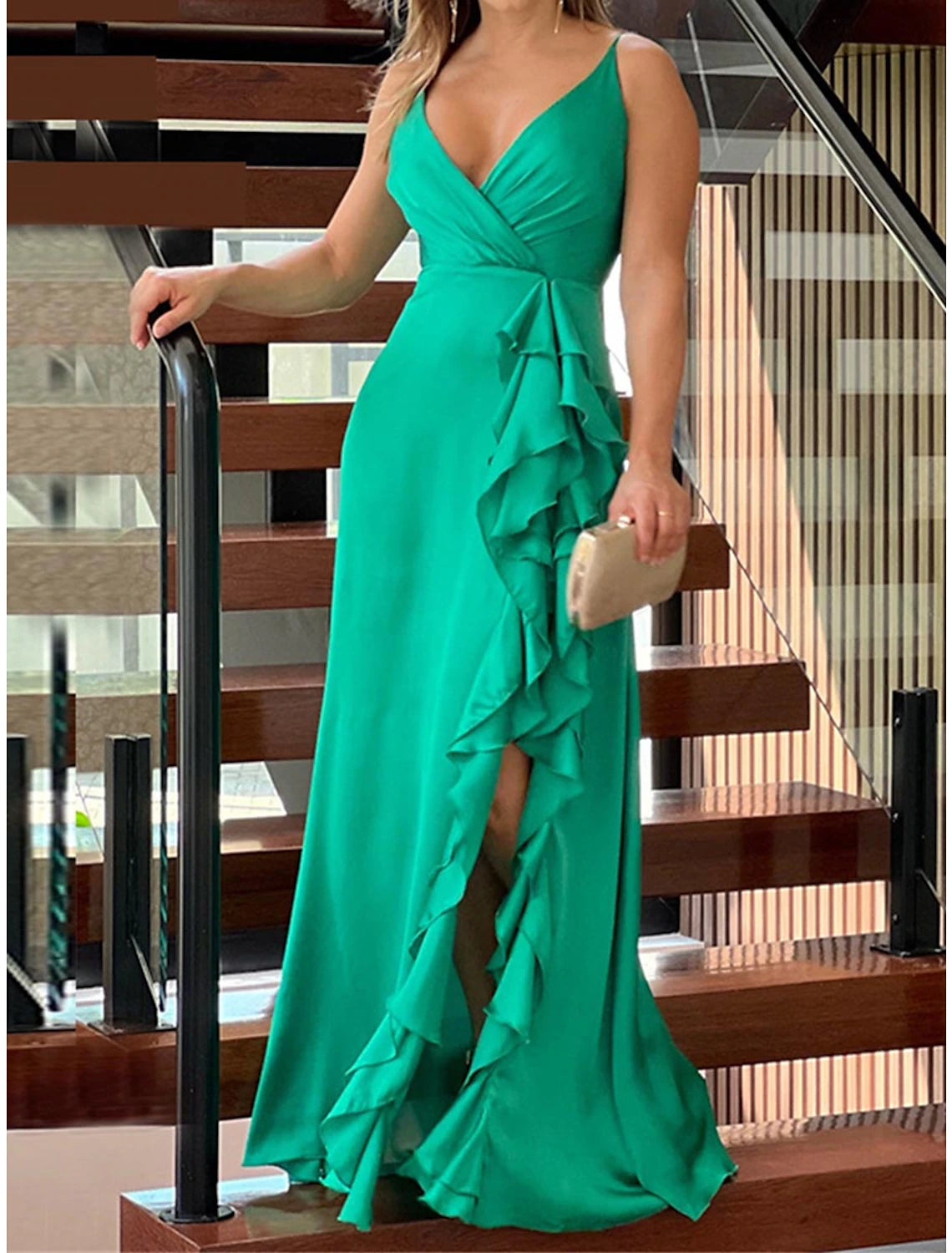 Weitese Women's Prom Dress Party Dress Wedding Guest Dress Long Dress Maxi Dress Fuchsia Green Dark Blue Sleeveless Pure Color Ruffle Spring Fall Winter Spaghetti Strap Fashion Birthday Evening Party Wedding