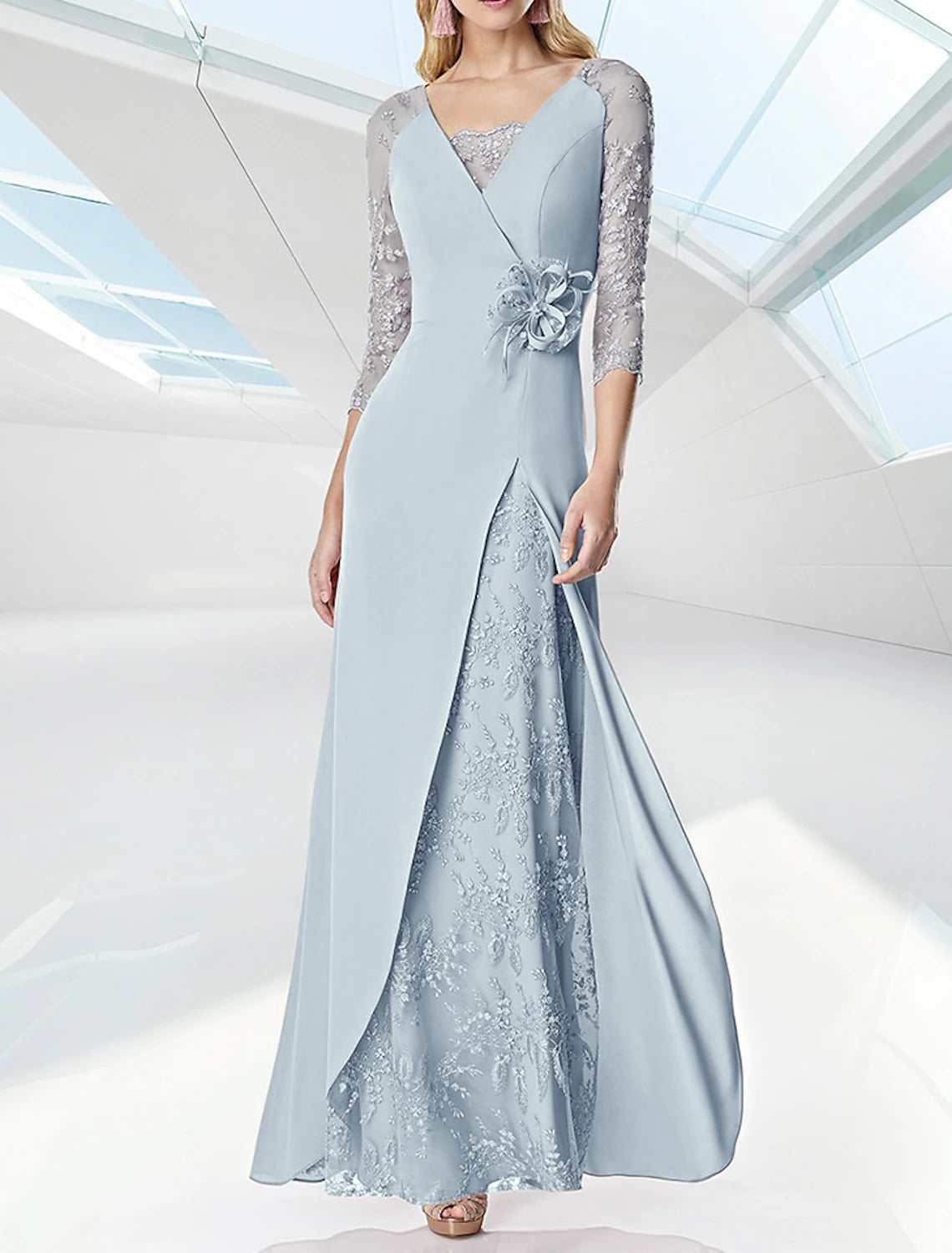 Weitese A-Line Evening Gown Elegant Dress Formal Floor Length 3/4 Length Sleeve V Neck Fall Wedding Guest Chiffon with Embroidery
