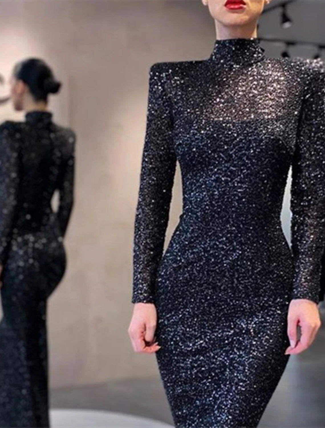 Weitese Mermaid / Trumpet Evening Gown Elegant Dress Formal Cocktail Party Floor Length Long Sleeve High Neck Sequined with Sequi