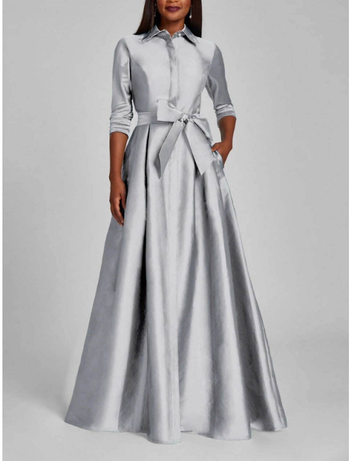 Weitese Satin A-Line Evening Gown Champagne Gold Minimalist Black Red Green Dress Dress Formal Fall Floor Length Half Sleeve Shirt Collar with Bow(s) Pleats