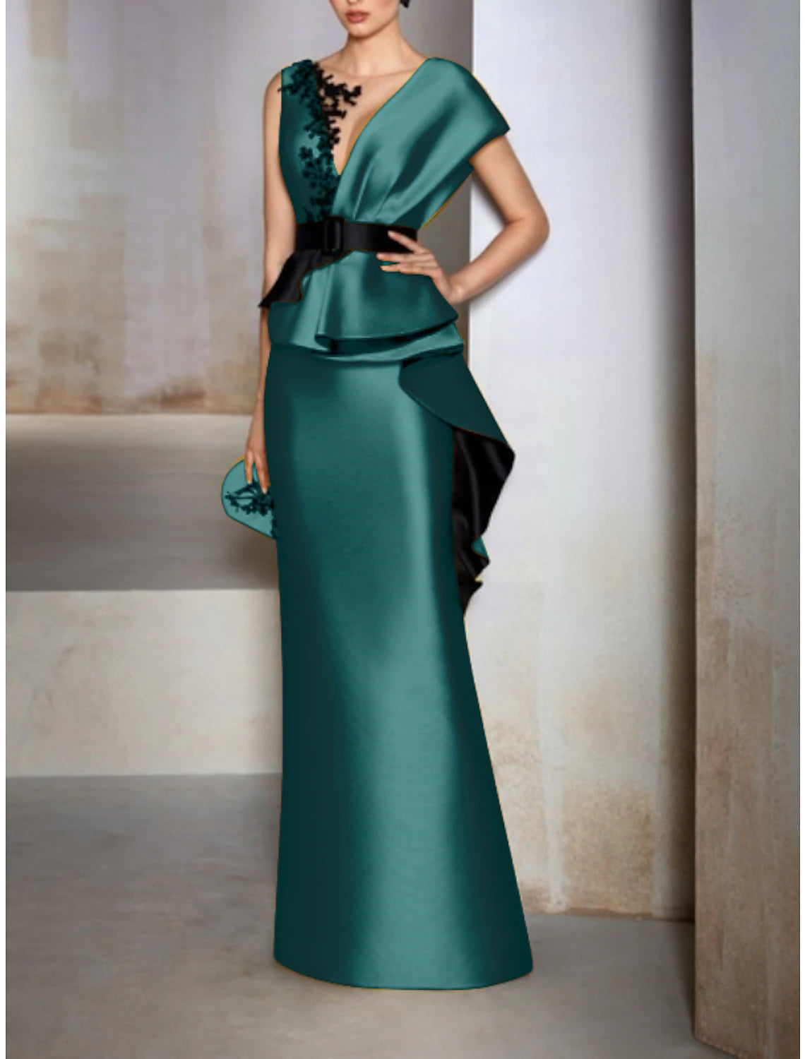 Weitese Sheath / Column Evening Gown Elegant Dress Formal Wedding Guest Floor Length Short Sleeve V Neck Satin with Ruffles Embroidery Appliques