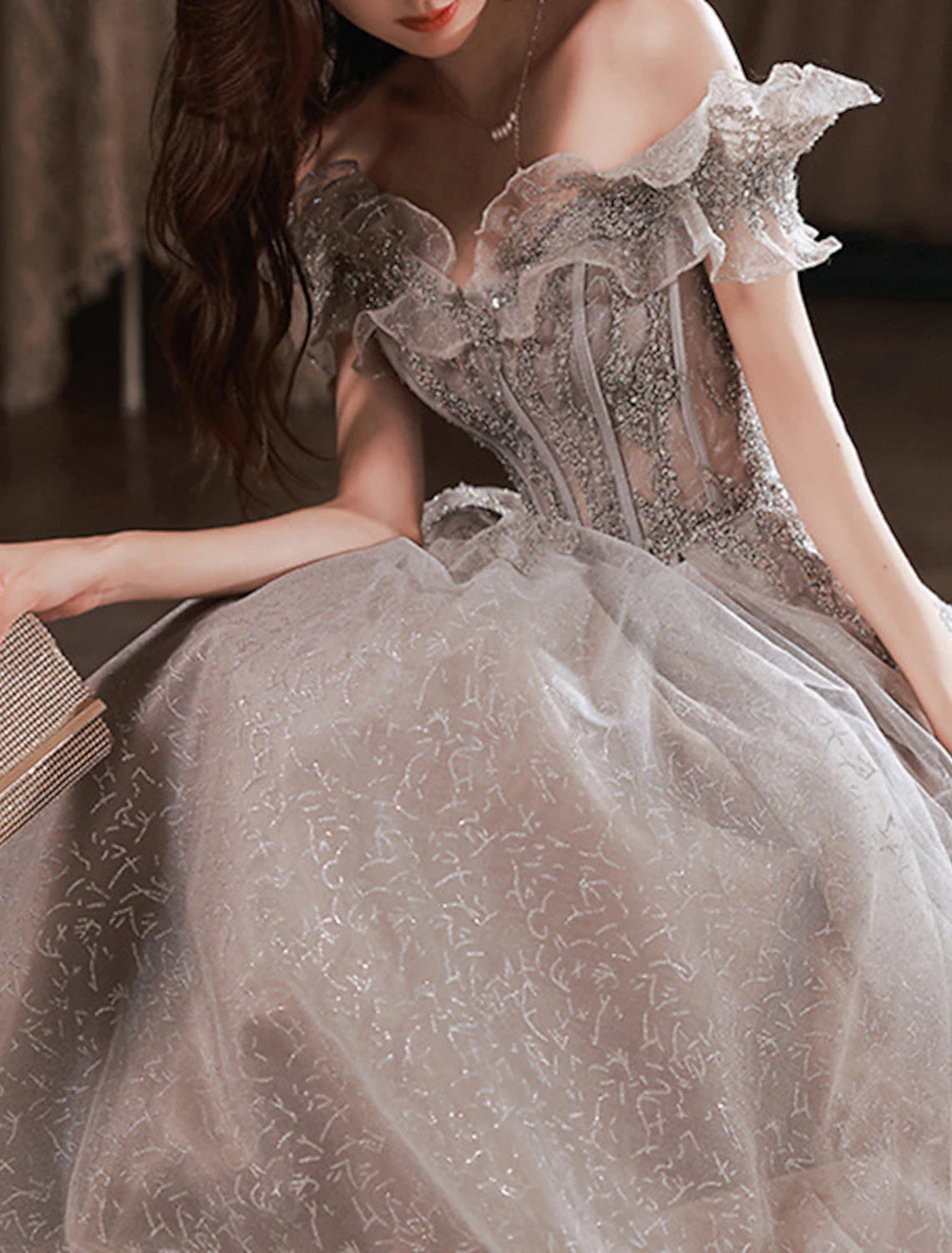 Weitese A-Line Prom Dresses Sparkle & Shine Dress Wedding Guest Prom Floor Length Short Sleeve Off Shoulder Polyester with Sequin Ruffles