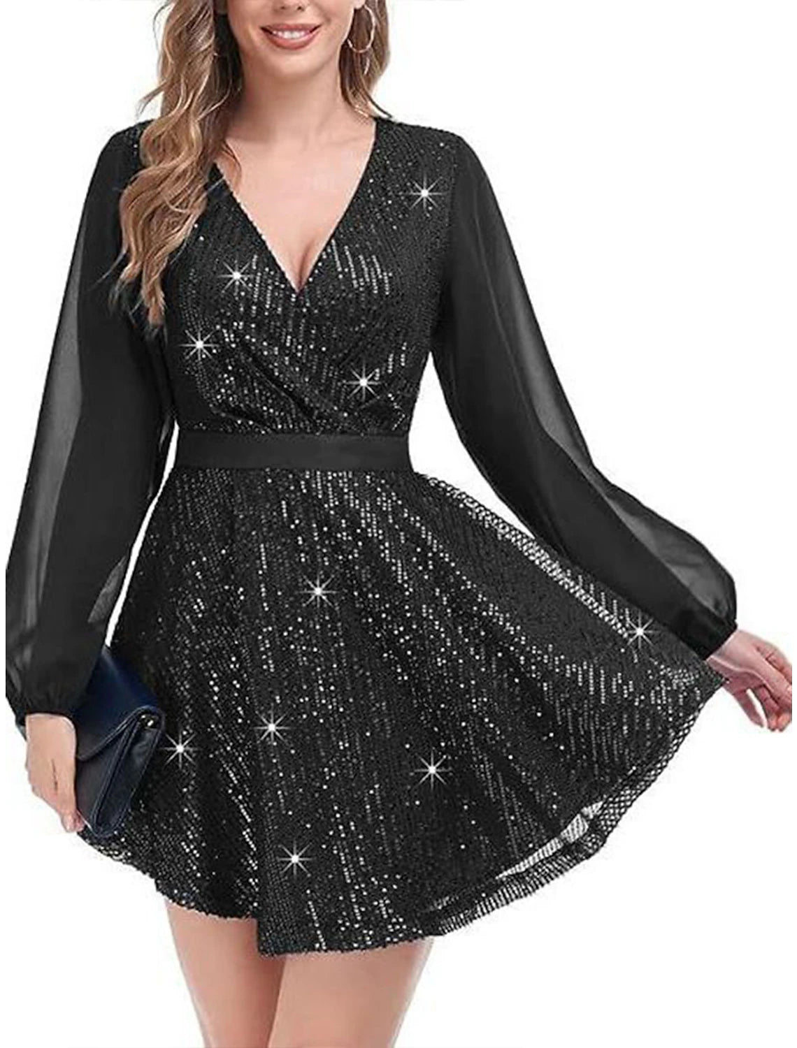 Weitese Women's Black Dress Sequin Dress Party Dress Mini Dress Black White Long Sleeve Pure Color Sequins Spring Fall Winter V Neck Fashion Winter Dress Wedding Guest Evening Party