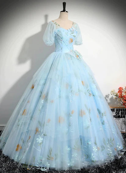 Beautiful Blue Tulle Short Sleeves Sweet Dress with Bow