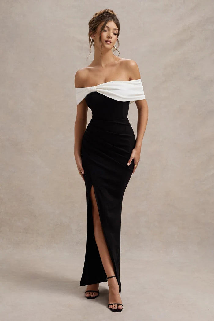 Black and White Crepe Sheath Off-the-Shoulder Zipper Back Floor-Length Dress