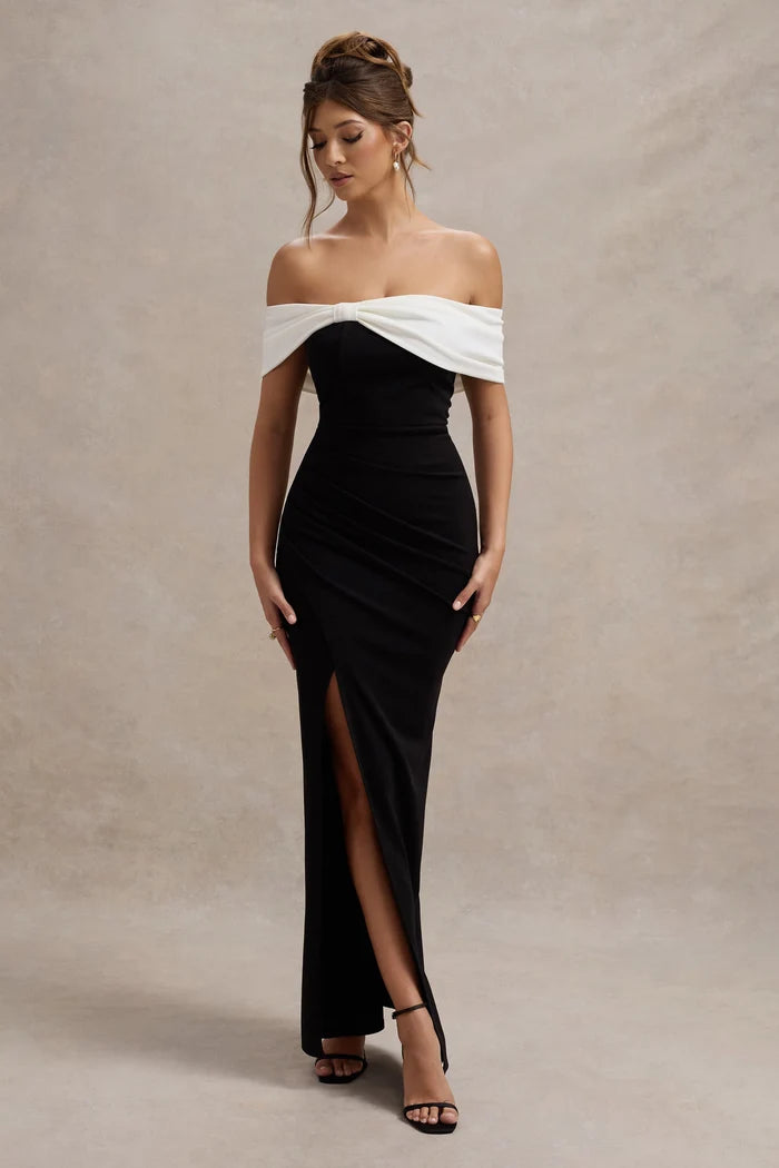 Black and White Crepe Sheath Off-the-Shoulder Zipper Back Floor-Length Dress
