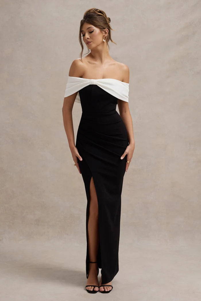 Black and White Crepe Sheath Off-the-Shoulder Zipper Back Floor-Length Dress