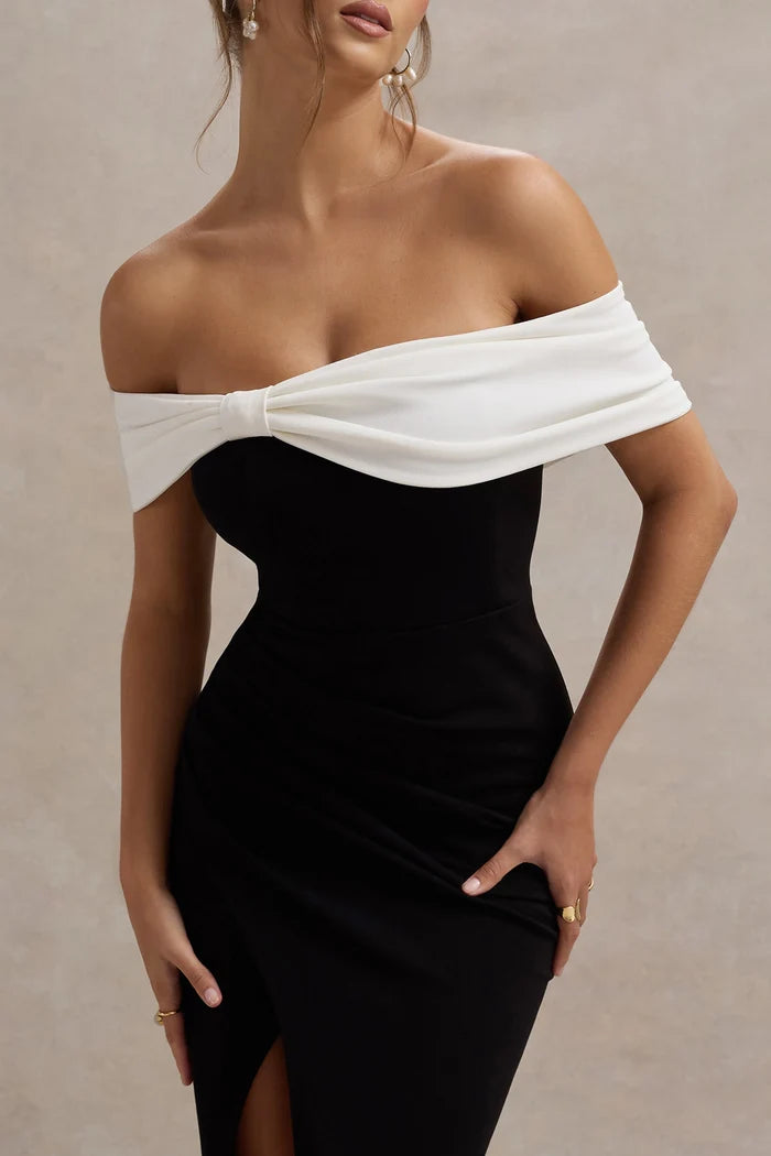 Black and White Crepe Sheath Off-the-Shoulder Zipper Back Floor-Length Dress