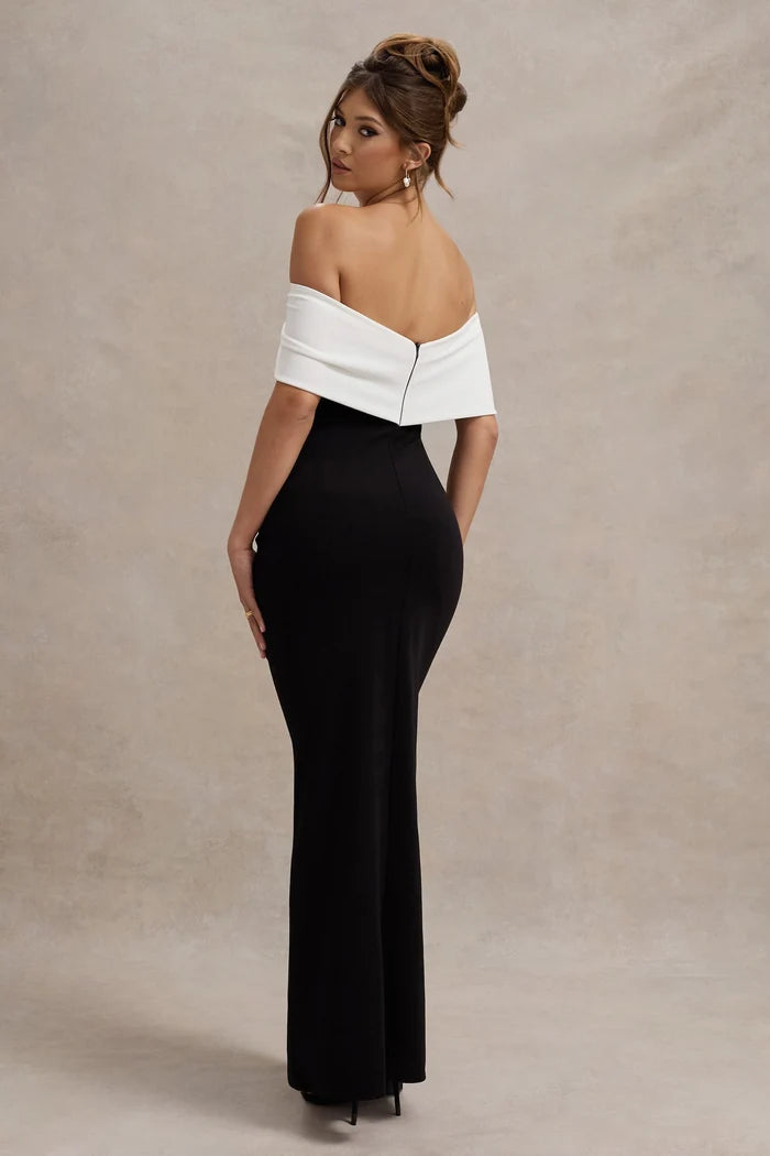 Black and White Crepe Sheath Off-the-Shoulder Zipper Back Floor-Length Dress