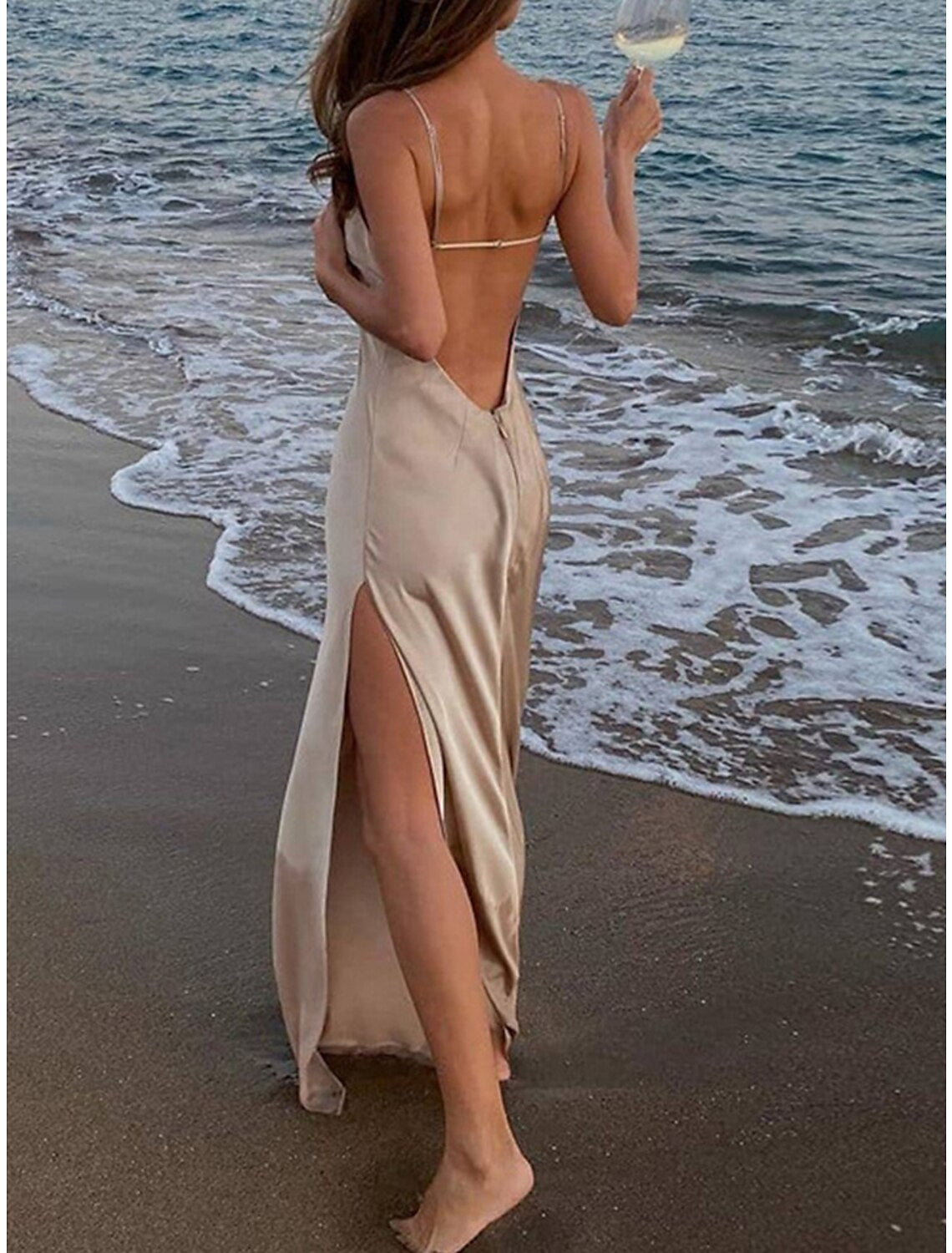 Weitese Women's Prom Dress Party Dress Wedding Guest Dress Long Dress Maxi Dress Silver Sleeveless Plain Backless Summer Spring Fall Spaghetti Strap Elegant Wedding Guest Evening Party Vacation