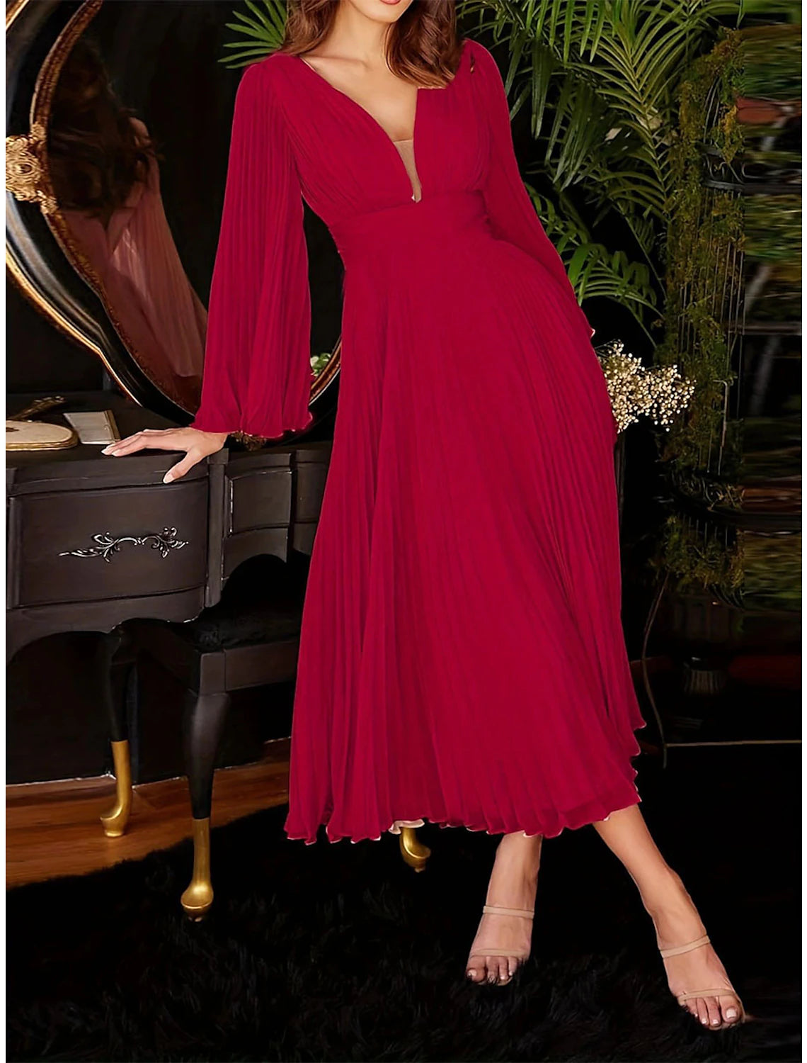 Weitese Women's Party Dress Wedding Guest Dress Swing Dress Long Dress Maxi Dress Wine Long Sleeve Pure Color Pleated Spring Fall Winter V Neck Fashion Winter Dress Evening Party Wedding Guest