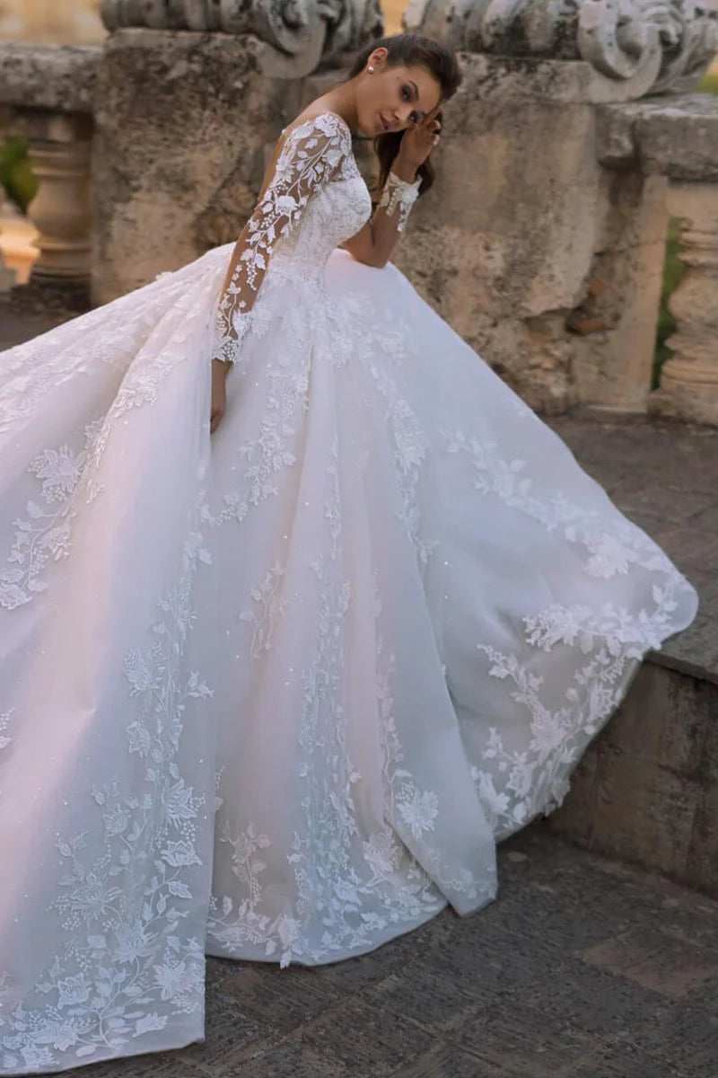 Weitese Prom Dress In Store Elegant Fairytale Romance Lace Long Sleeves Applique A-line Wedding Dress With Long Train Dress For Wedding