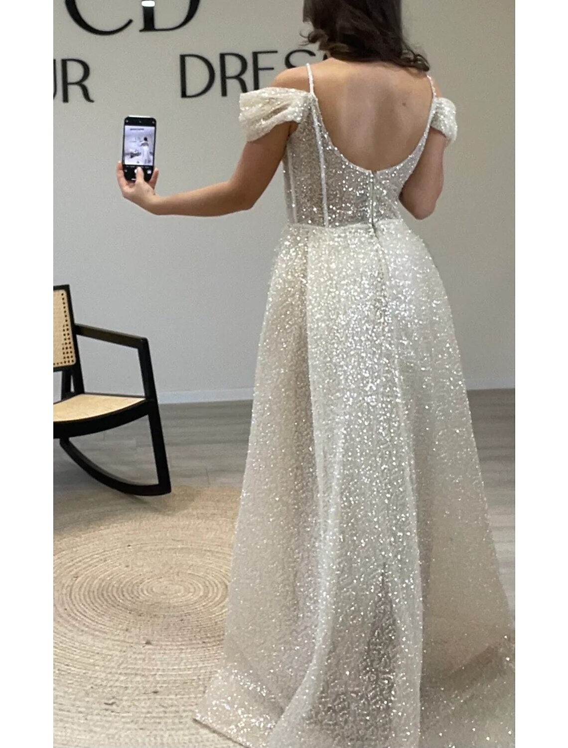 Weitese Sheath / Column Prom Dresses Elegant Dress Formal Prom Floor Length Short Sleeve Off Shoulder Sequined with Glitter Ruched