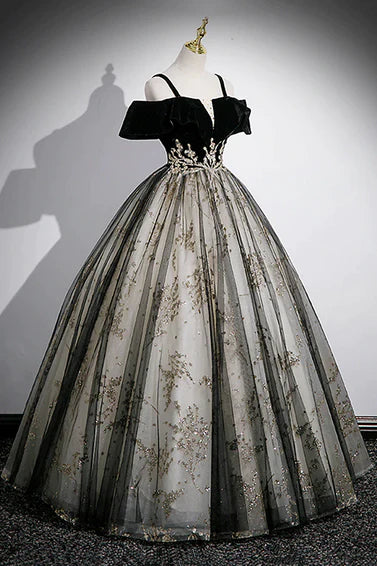 Black Off Shoulder Tulle with Lace Long Formal Dress