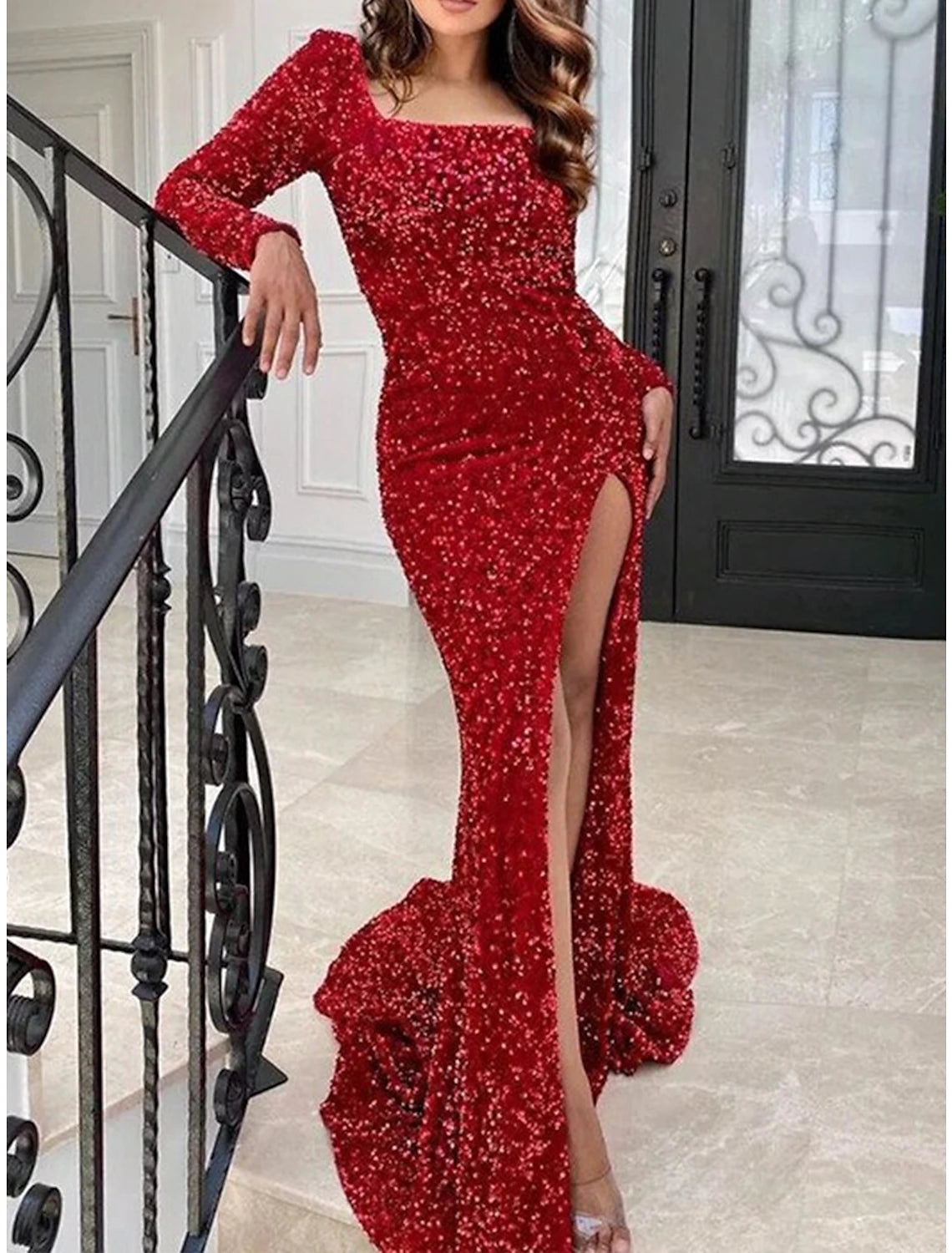 Women's Red Christmas Party Dress New Year's Eve Dress Sparkly Sequin Dress Long Dress Red Long Sleeve Sequins Square Neck Winter Dress