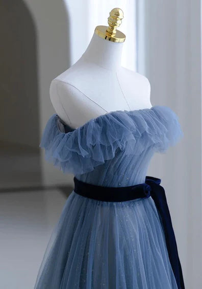 Floor Length Blue Tulle A-line Off Shoulder Long Ruffle Party Dress