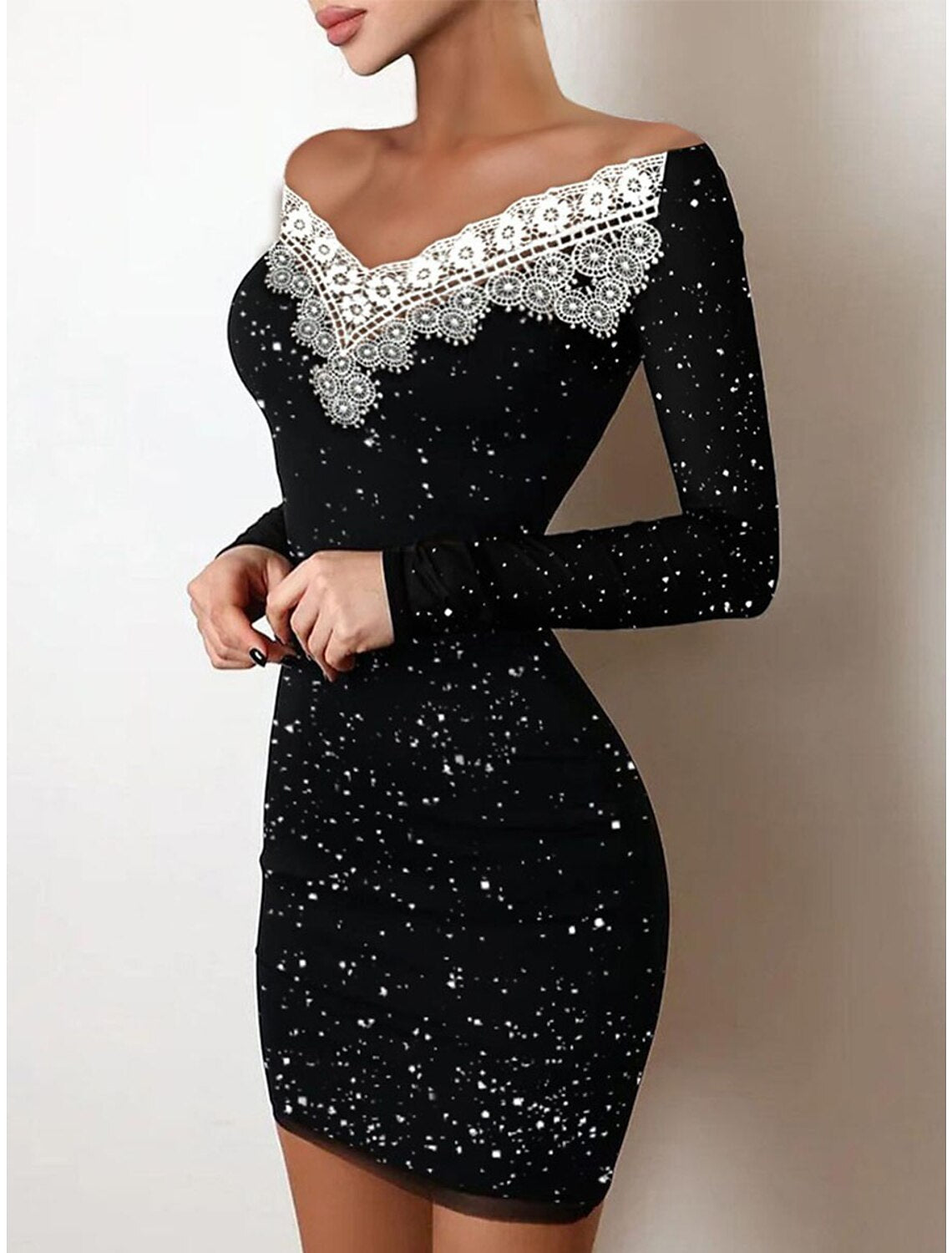 Weitese Women's Black Dress Party Dress Wedding Guest Dress Mini Dress Black Khaki Long Sleeve Dot Lace Spring Fall Winter V Neck Fashion Winter Dress Wedding Guest Evening Party