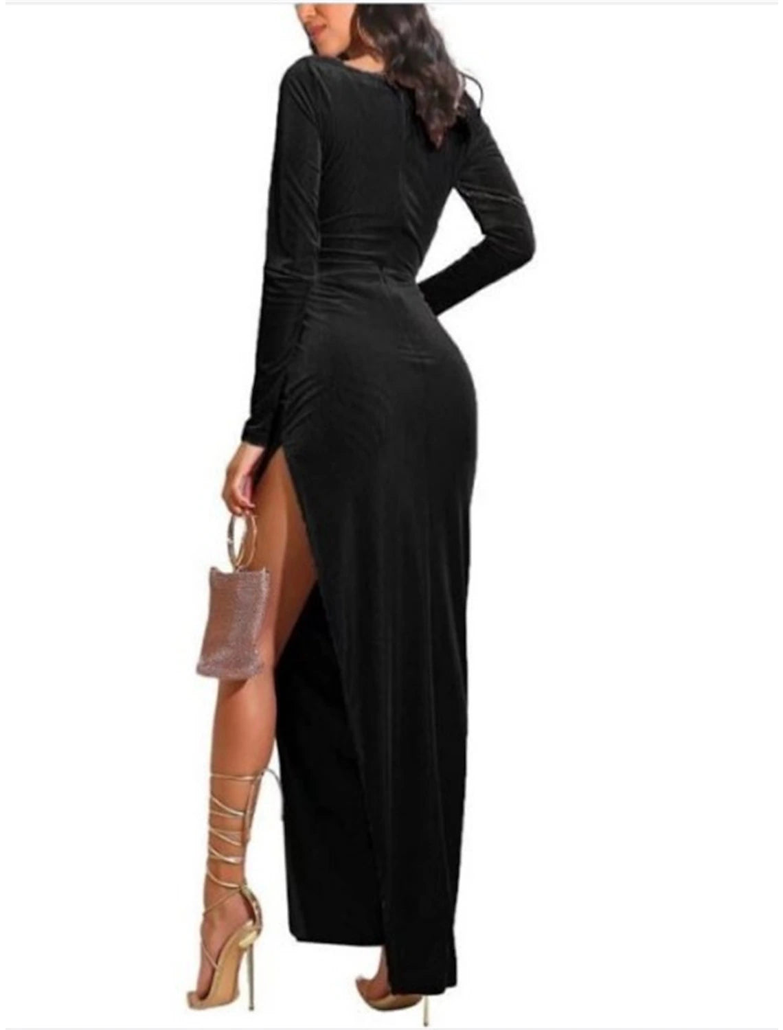 Robe noire en velours pour femme Weitese, robe de bal, robe longue, robe longue, noir, rose, bleu, manches longues, couleur unie, fendue, printemps, automne, hiver, col carré, mode, robe d'hiver, robe de soirée pour invité de mariage