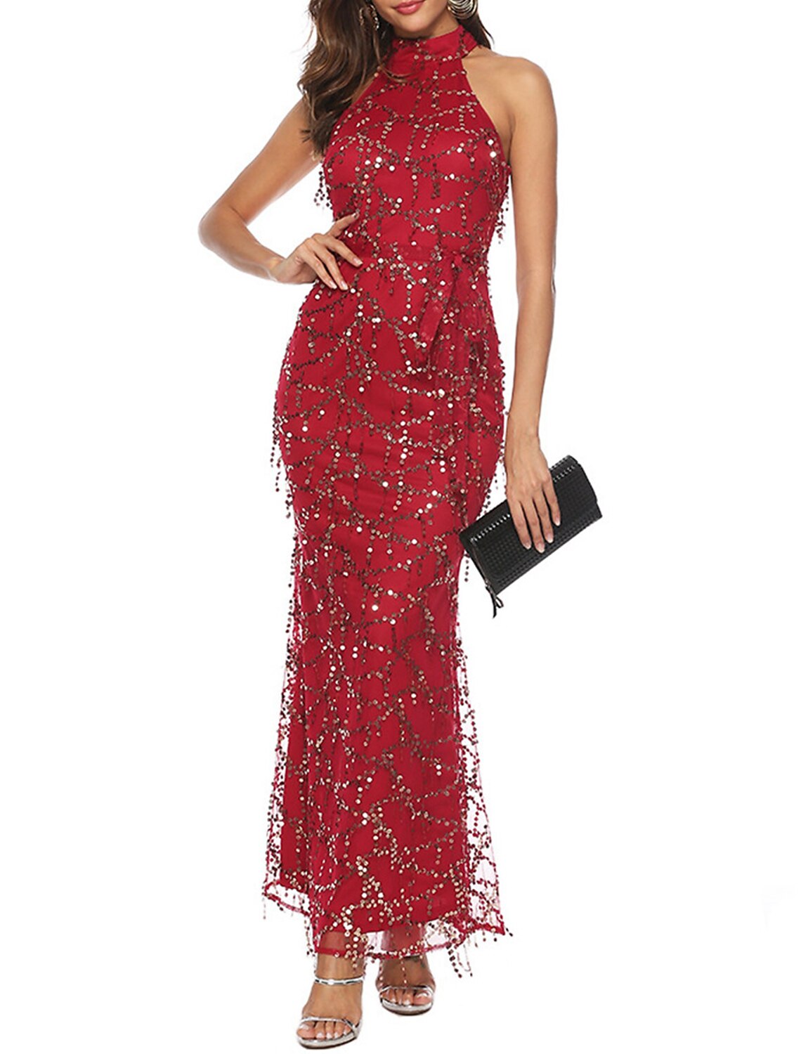 Weitese Women's Sequin Dress Fringe Dress Prom Dress Long Dress Maxi Dress Burgundy Sleeveless Plain Sequins Summer Spring Fall Halter Neck Red Valentines Dress Valentine's Day Wedding Guest Evening Party