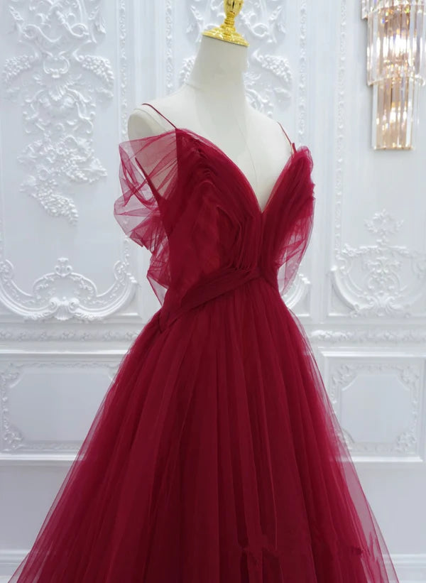 Wine Red Tulle V-neckline Long Party Dress
