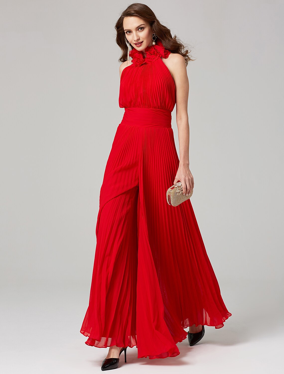 Jumpsuits Hot Dress Valentine's Day Wedding Guest Floor Length Sleeveless High Neck Chiffon Backless with Pleats