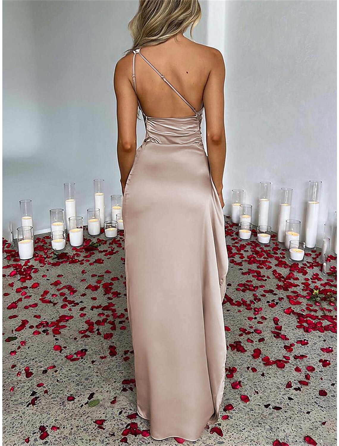 Women's Christmas Prom Dress Party Dress New Year's Eve Dress Wedding Guest Dress Long Dress Maxi Dress Champagne Red Green Sleeveless Ruched Summer Spring Fall One Shoulder